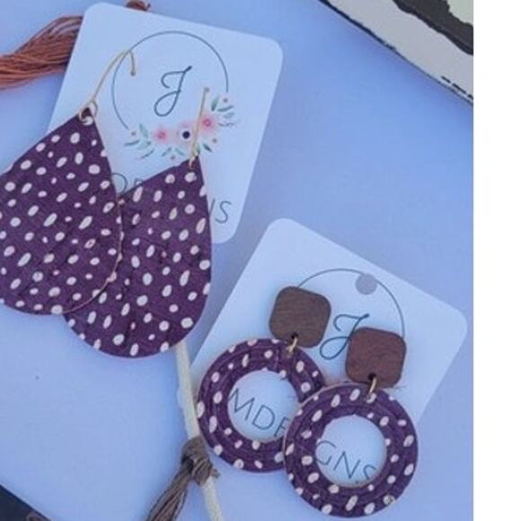 Burgundy Spotted Cork Teardrop Earrings - Picture 2 of 2